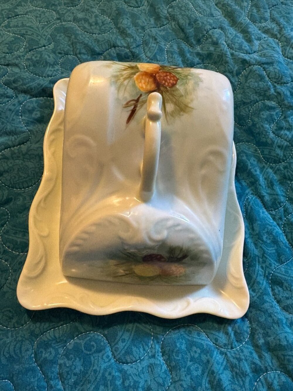 Vintage Covered Cheese Hand-Painted Pinecone Design Dish